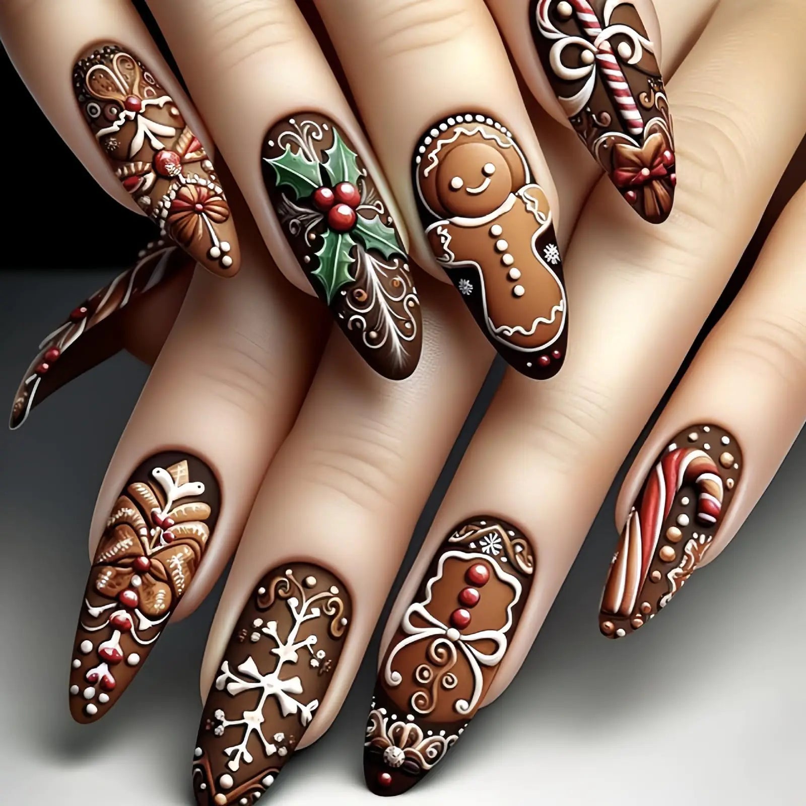 Christmas Press-On Nails – Almond Fake Nails with Christmas Tree, Snowman & Candy Designs for Women