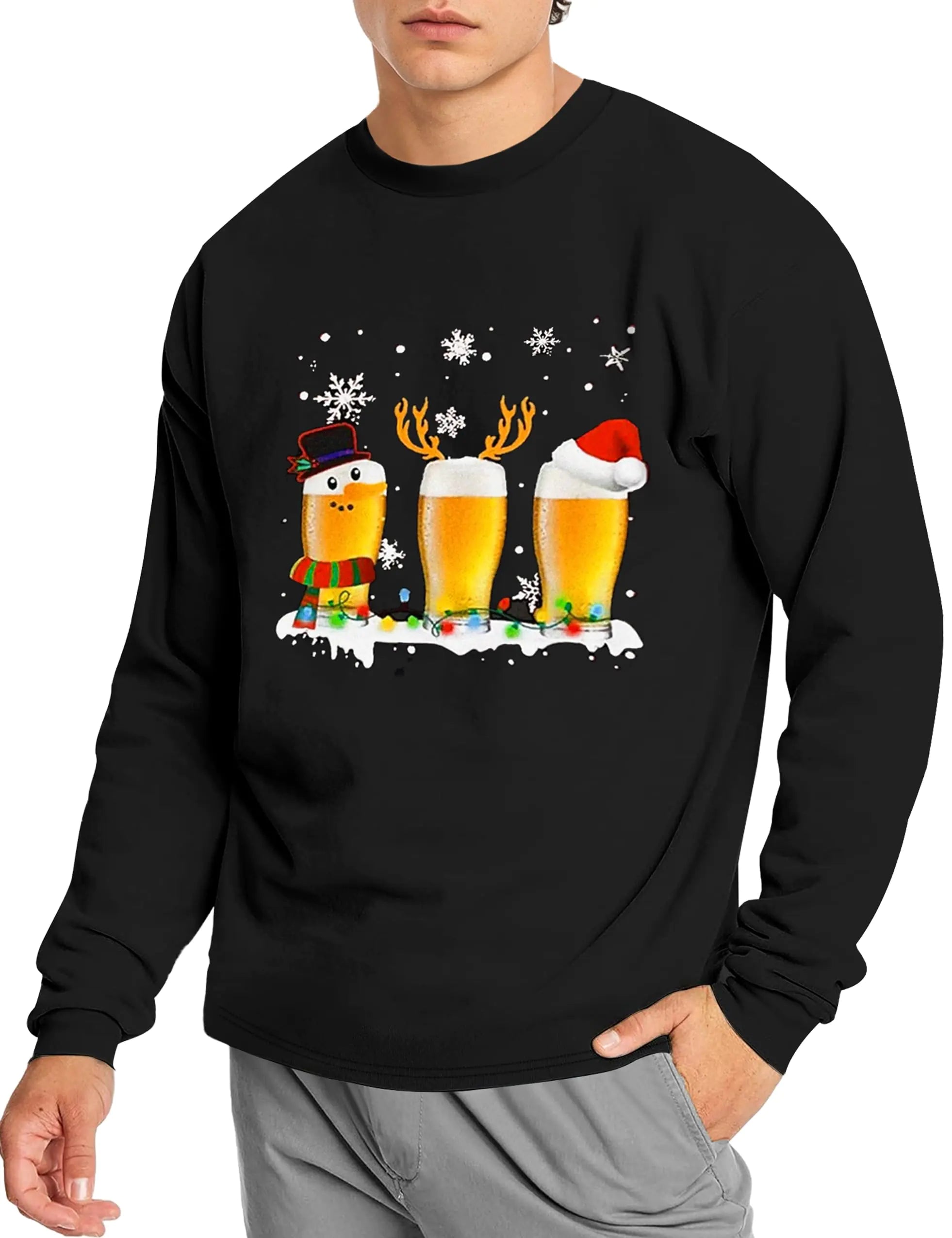 Men’s Christmas T-Shirt – Funny Long Sleeve Holiday Tee, XL, Black