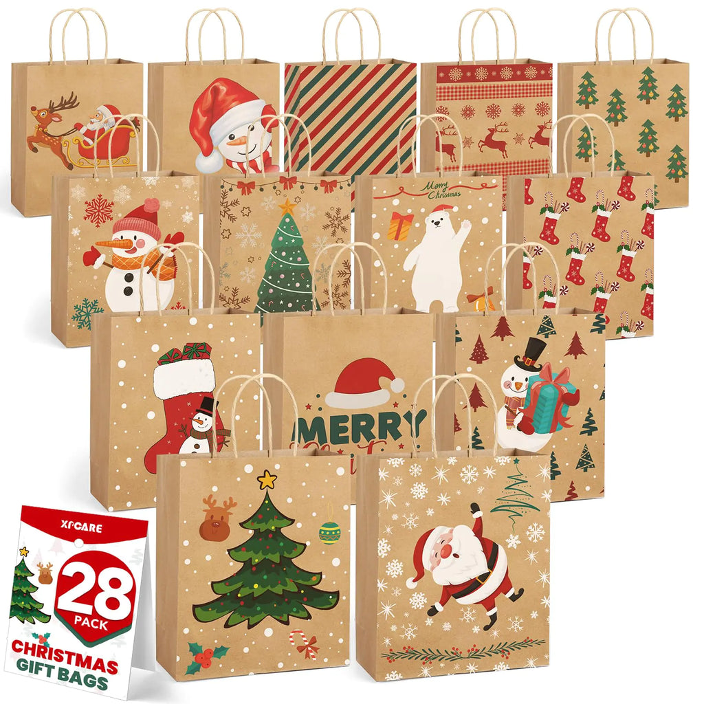 Christmas Kraft Gift Bags with Handles – 9x7.5x3.5” Holiday Goody Bags  28 Pack