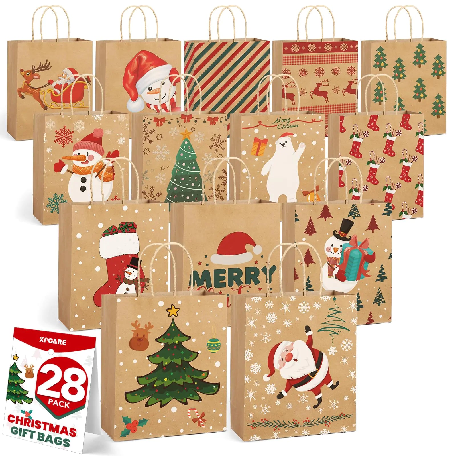 Christmas Kraft Gift Bags with Handles – 9x7.5x3.5” Holiday Goody Bags  28 Pack