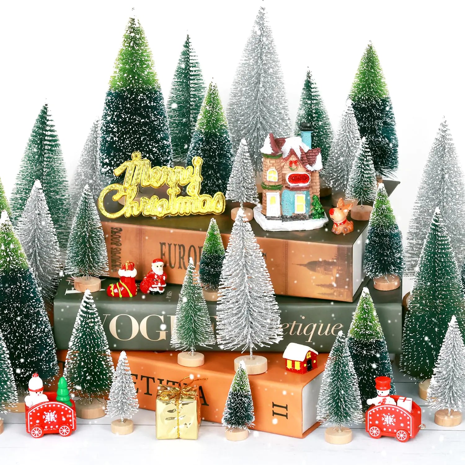 30PCS Mini Christmas Trees – Frosted Sisal Pine with Wooden Base, 5 Sizes for Holiday & Table Decorations