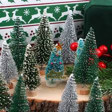 30PCS Mini Christmas Trees – Frosted Sisal Pine with Wooden Base, 5 Sizes for Holiday & Table Decorations