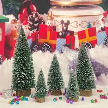 30PCS Mini Christmas Trees – Frosted Sisal Pine with Wooden Base, 5 Sizes for Holiday & Table Decorations