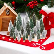 30PCS Mini Christmas Trees – Frosted Sisal Pine with Wooden Base, 5 Sizes for Holiday & Table Decorations