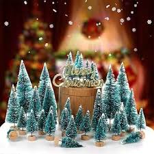 30PCS Mini Christmas Trees – Frosted Sisal Pine with Wooden Base, 5 Sizes for Holiday & Table Decorations
