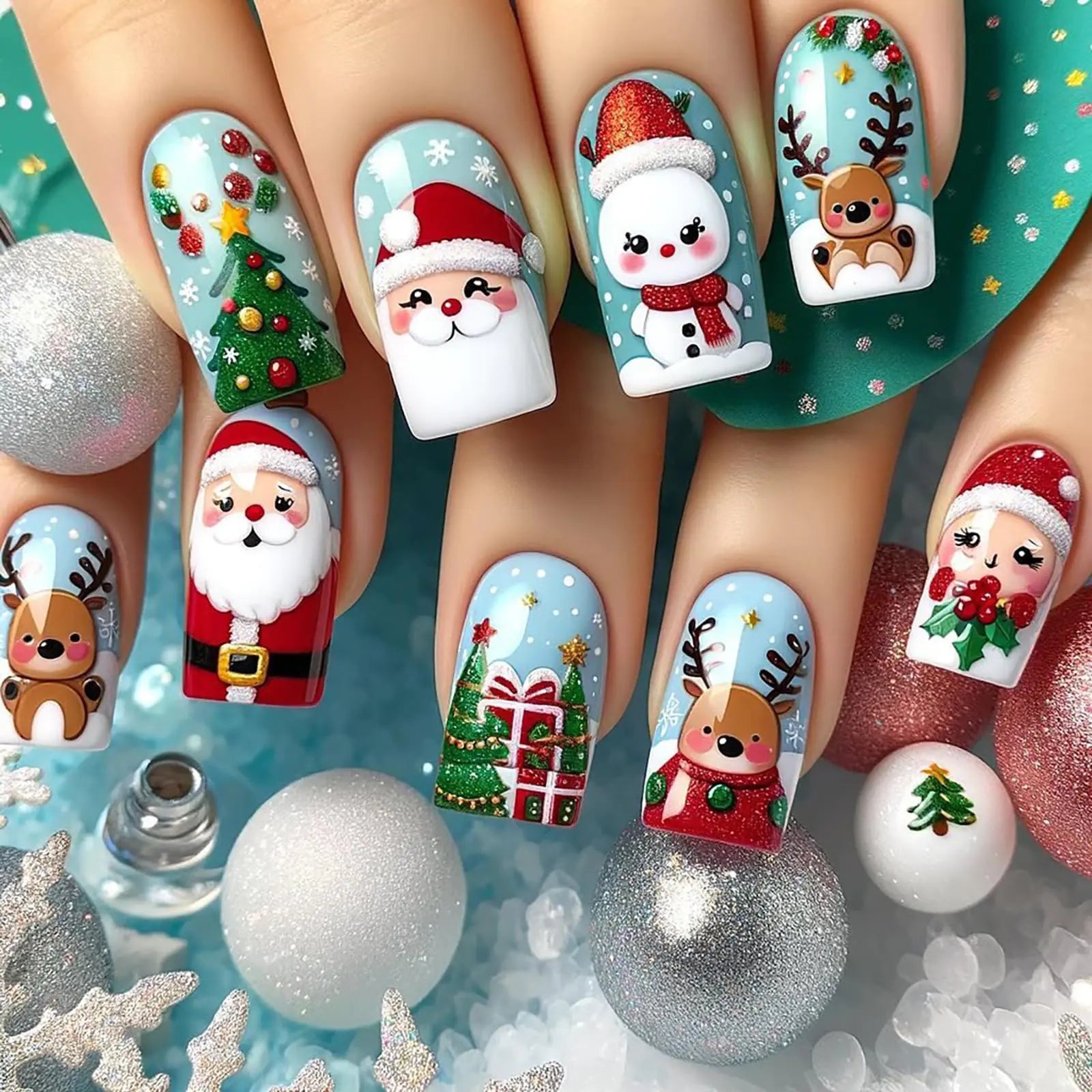Christmas Press-On Nails – Coffin Fake Nails with Santa, Reindeer & Snowman Designs for Women